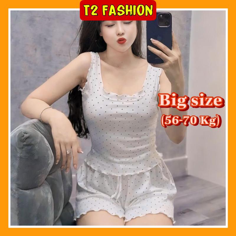 (Big size 56-70kg) Bộ đồ ngủ Nữ quần đùi áo sát nách viền bèo chất Cotton hoạ tiết cute T022  Women