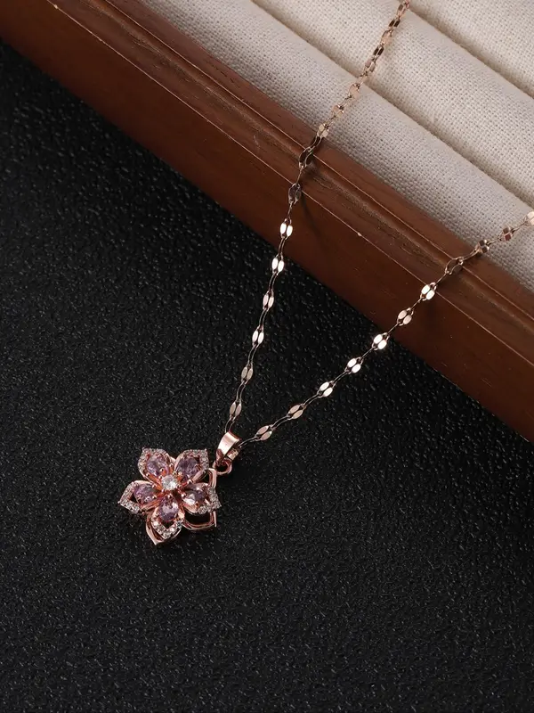 Elegant Rhinestone Decorated Rotating Flower Design Pendant Necklace,  Gorgeous Casual Matching Necklace Jewelry, Classic Fashion Accessories for Daily Wear 2