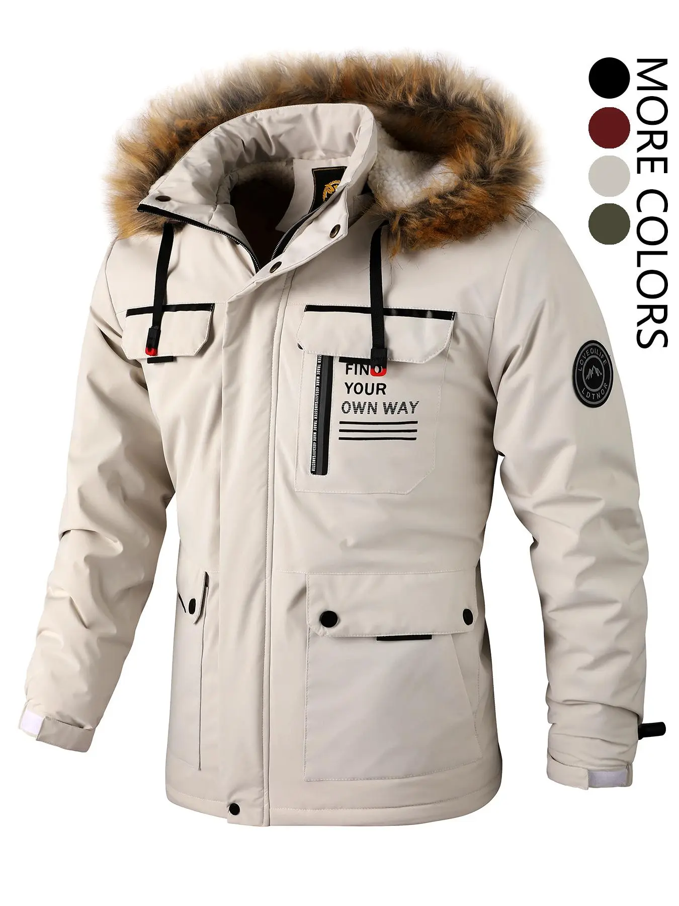 Men's Letter Print Patched Pocket Zipper Jacket, Regular Fit Casual Long Sleeve Drawstring Hooded Outerwear for Fall & Winter, Jackets for Men, Men's Clothes for Daily Wear