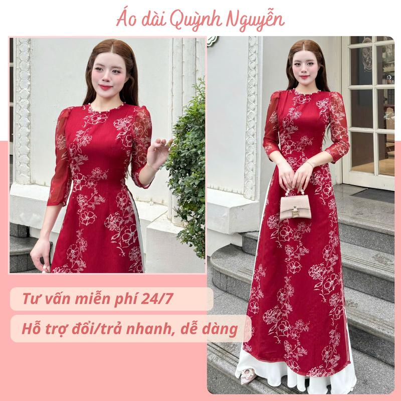  Áo dài nữ thiết kế tơ vân 4 tà màu đỏ đô cổ ngọc tay bồng MÃ TK189 Nữ Women Dress 