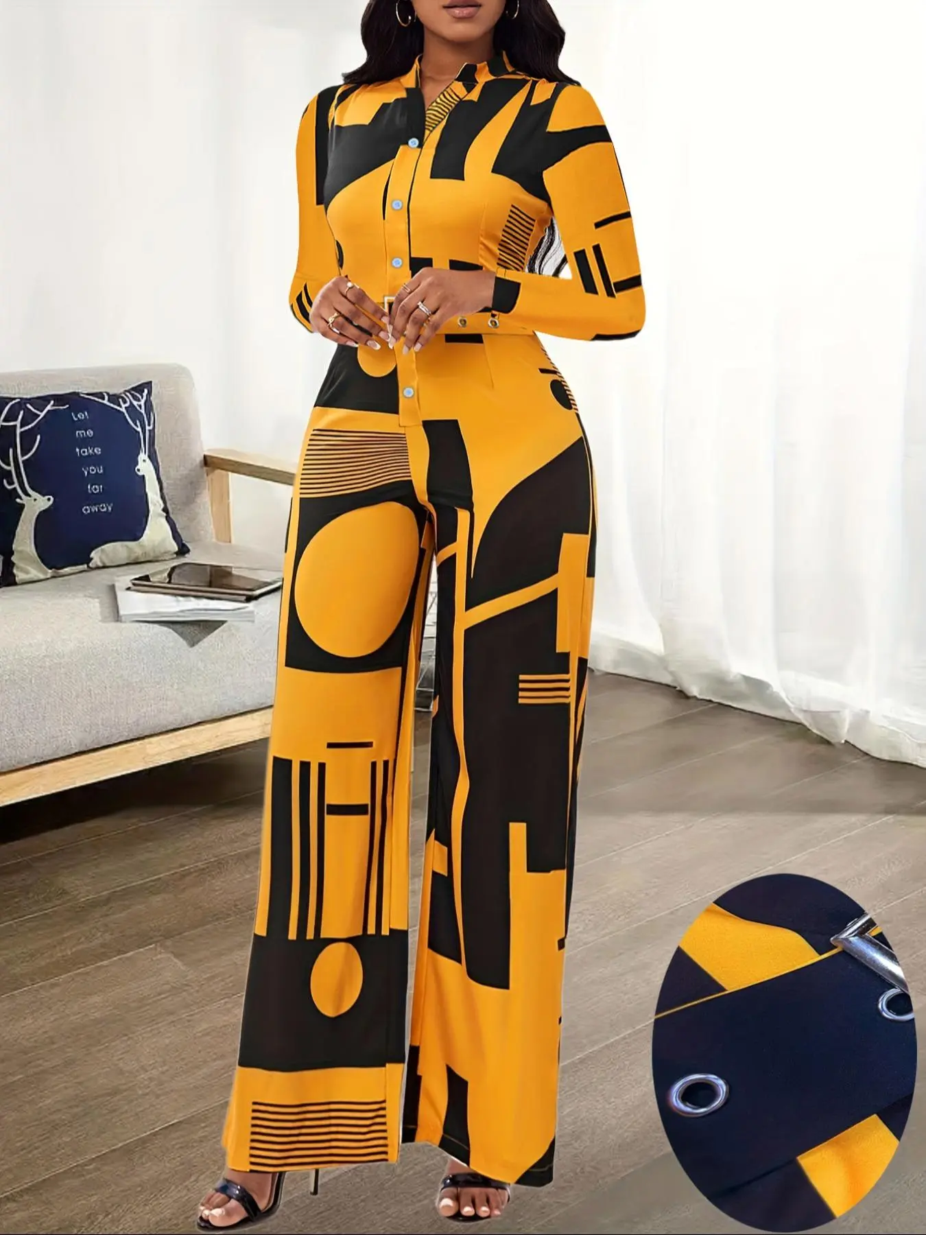 Women's Geometric Print Button Jumpsuit with Belt, Casual Comfy Long Sleeve Jumpsuit for Spring, Women's Clothes for Daily Wear