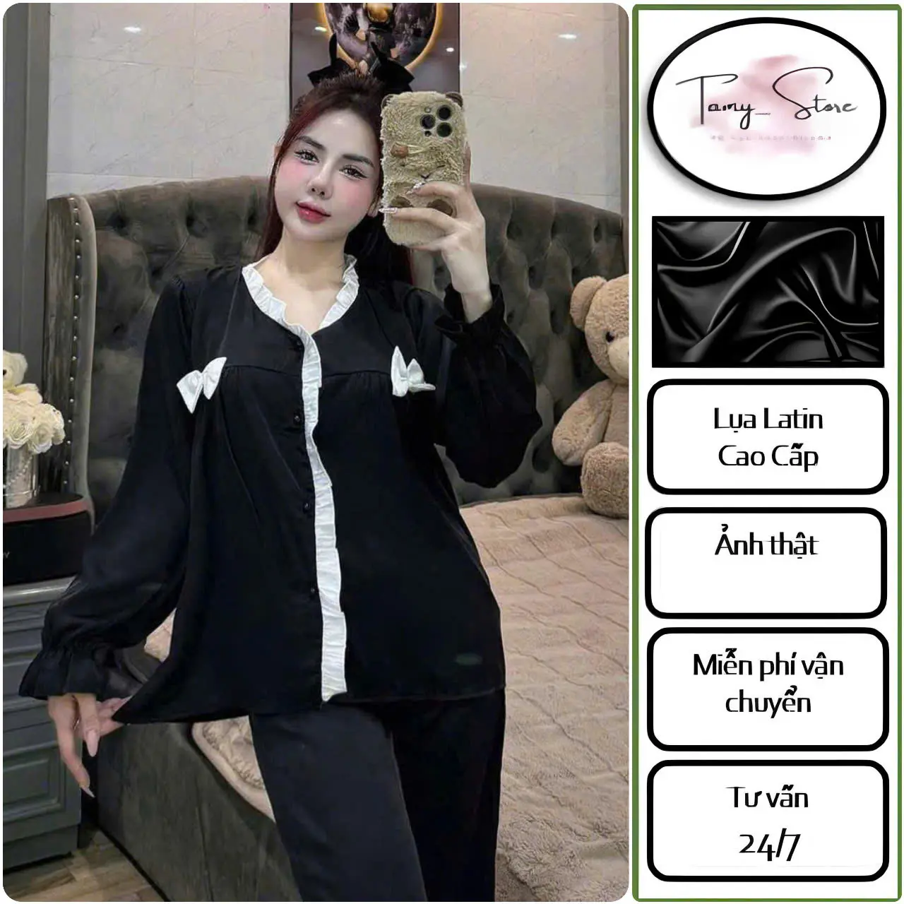 Đồ Ngủ Nữ, Pijama, Đồ Bộ Tiểu Thư TAMY Cổ Tròn Viền Bèo Tay Bo Đính Nơ Cúc Ngọc Chất Lụa Latin Mịn - Freesize <58kg