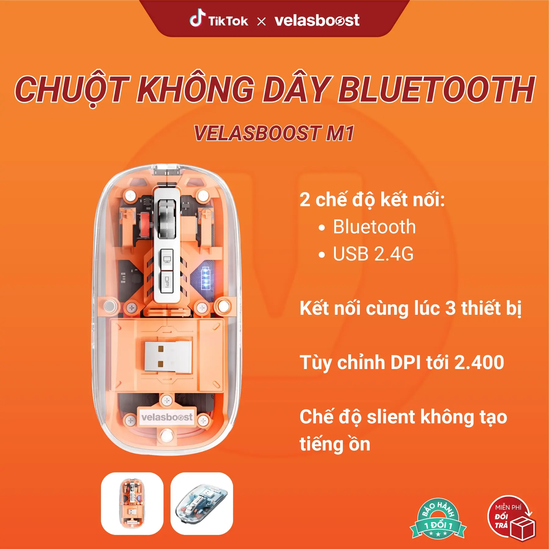 Chuột không dây velasboost M1, 2 cách kết nối, Kết nối đồng thời 3 thiết bị, Nắp từ tính, Bảo hành lỗi 1 đổi 1