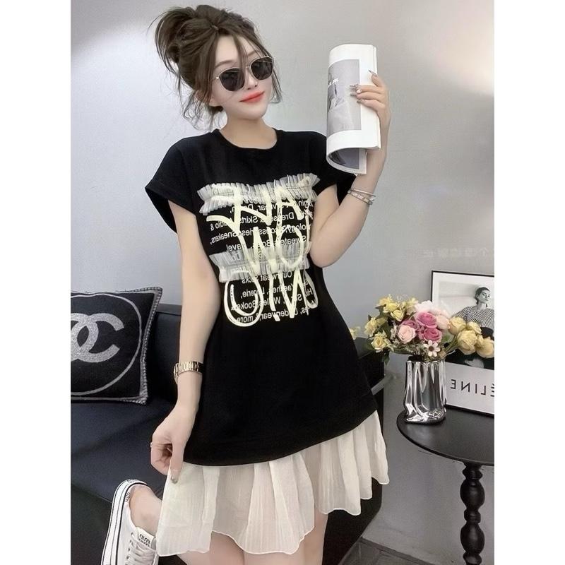 Váy YT92, Đầm Suông Đuôi Cá Chân Voan In chữ Sang Chảnh Chất Cotton Dáng Ngắn