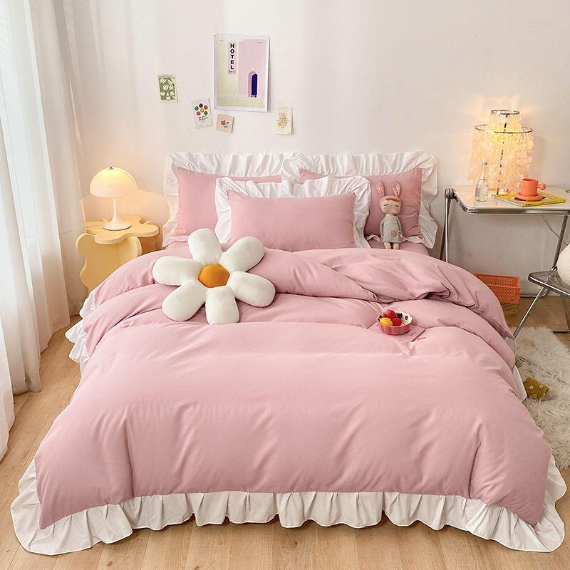 Product Introduction of Ins Princess Wind Fairy Girl Heart Solid Color Cream Matte Bed Three or Four Piece Set Internet Red Lotus Leaf Lace Korean Edition 22
