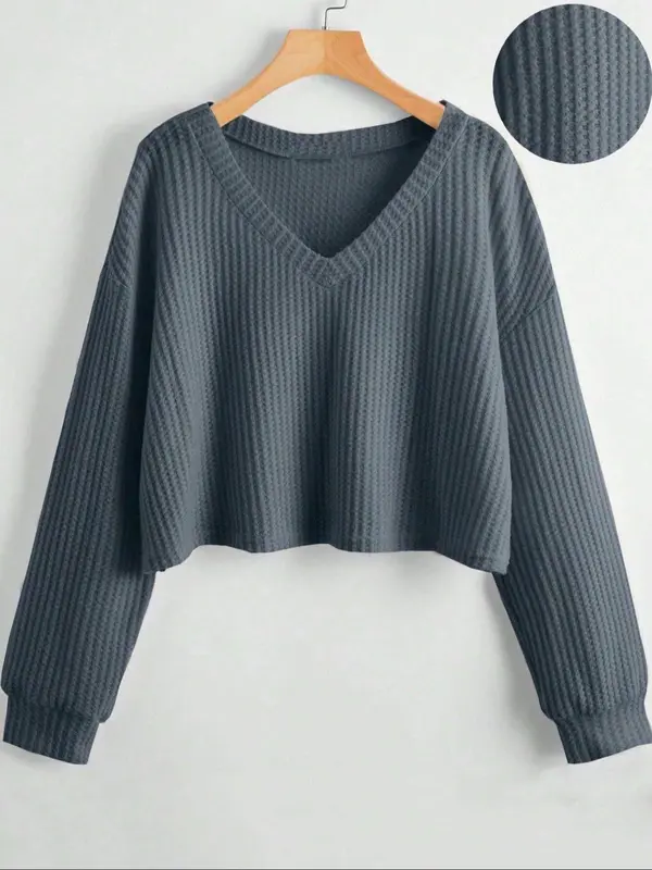 Women's Plain Textured Drop Shoulder V Neck Tee, Casual Long Sleeve Top for Spring & Fall, Fashion Women's Clothing for Daily Wear 0