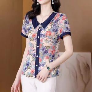 Fashion Print Short Sleeve Lady Tees Women New Summer Mom Style Peter Pan Collar Floral Tops