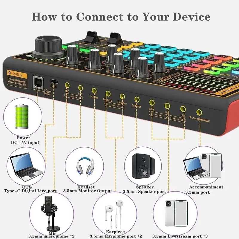 K300 Live Sound Card Audio Mixer, Multifunctional Podcast Audio Interface with DJ Mixer Effects, Voice Changer with Sound Effects for Karaoke Live Streaming Record Gaming, Streaming Accessories 6