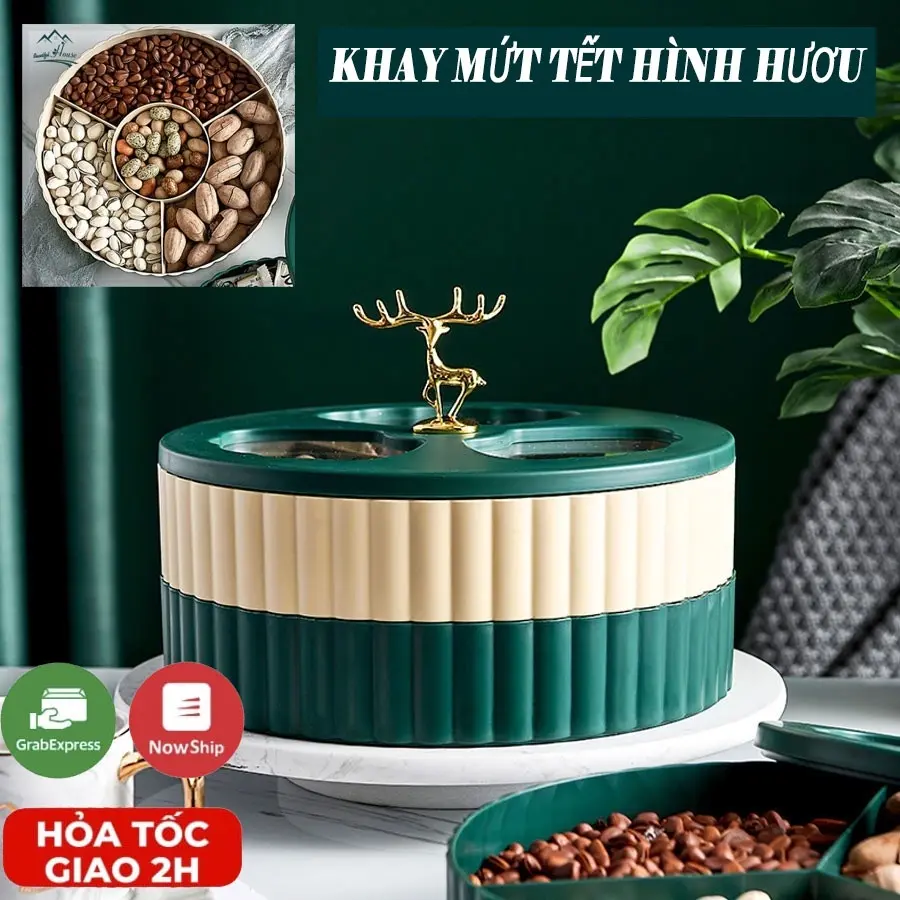 Khay Mứt Tết Hộp Bánh Kẹo Tết Cao Cấp, Sang Trọng, Hiện Đại Phong Cách Châu Âu, Khay Mứt Hươu Chống Bụi