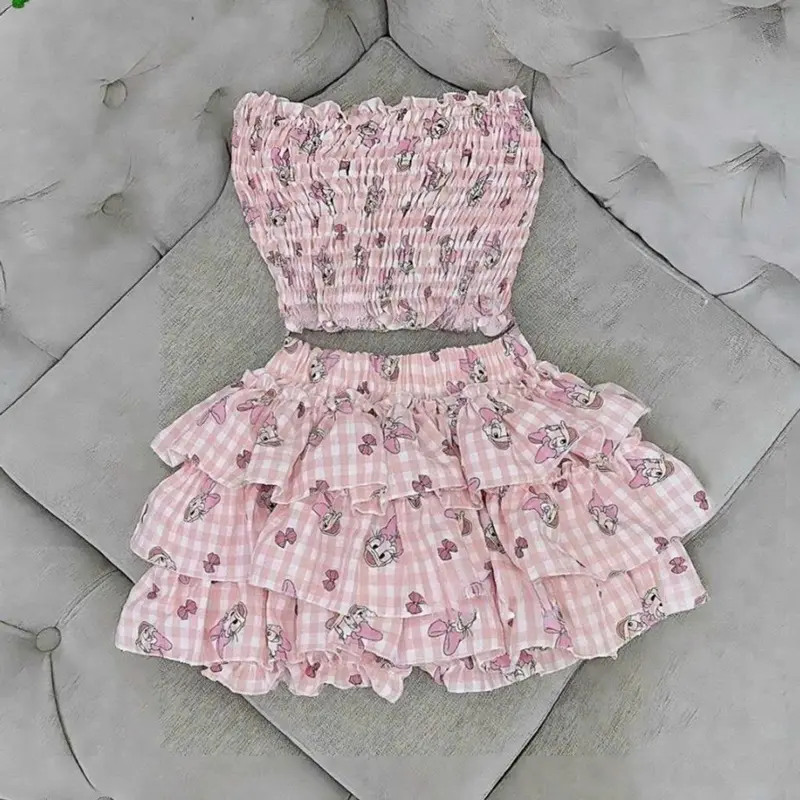 SET123 Set Áo Ống Nhún Chỉ Họa Tiết Chân Váy Tầng Nữ Women 4