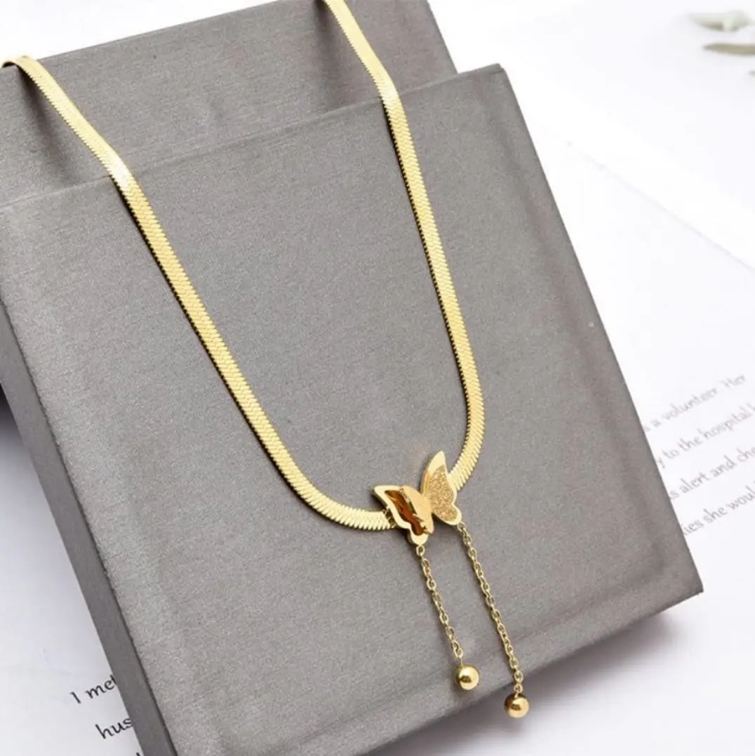 kalung titanium wanita model pipih kupu anti karat Liontin Perhiasan
