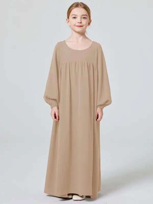 Muslim Girl's Solid Ruched Bishop Sleeve Smock Dress without Hijab, Modern Abaya Dress, Modest Outfits, Cute Clothes, Cute Casual Round Neck Long Sleeve Dress for Daily Wear, Kid's Summer Clothes 6