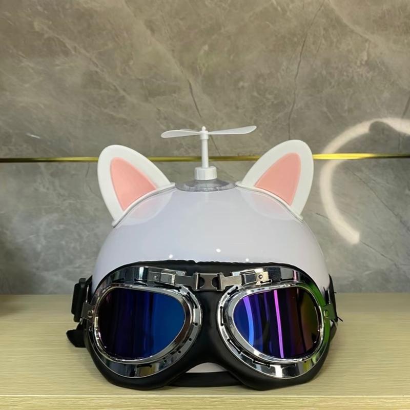 ￼Mũ bảo hiểm nửa đầu Kính phi công kèm tai mèo hai màu và chong chóng gắn mũ bảo hiểm dễ thương Helmet Helmet