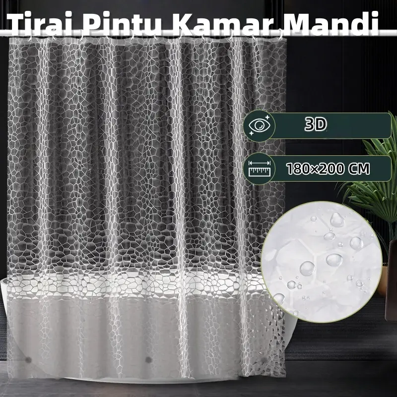 Tirai Mandi 3D /Tirai Mandi Tipi /3D Shower Curtain Waterproof Anti Mold Antibacterial /Ukuran 180x180cm/180x200cm / Tirai Kamar Mandi Kubik Air Shower