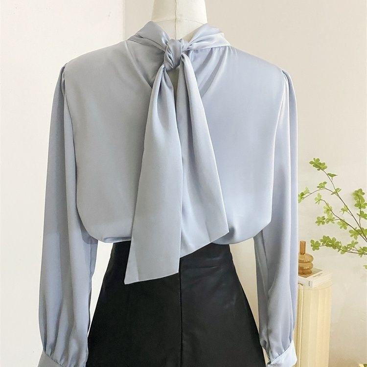 Áo sơ mi xếp nếp cao cấp kiểu Pháp dành cho phụ nữ, thiết kế đẹp, Niche, thanh lịch, cơ sở mùa thu và mùa đông, áo sơ mi dài tay màu xám và Xanh Biển , thời trang 3