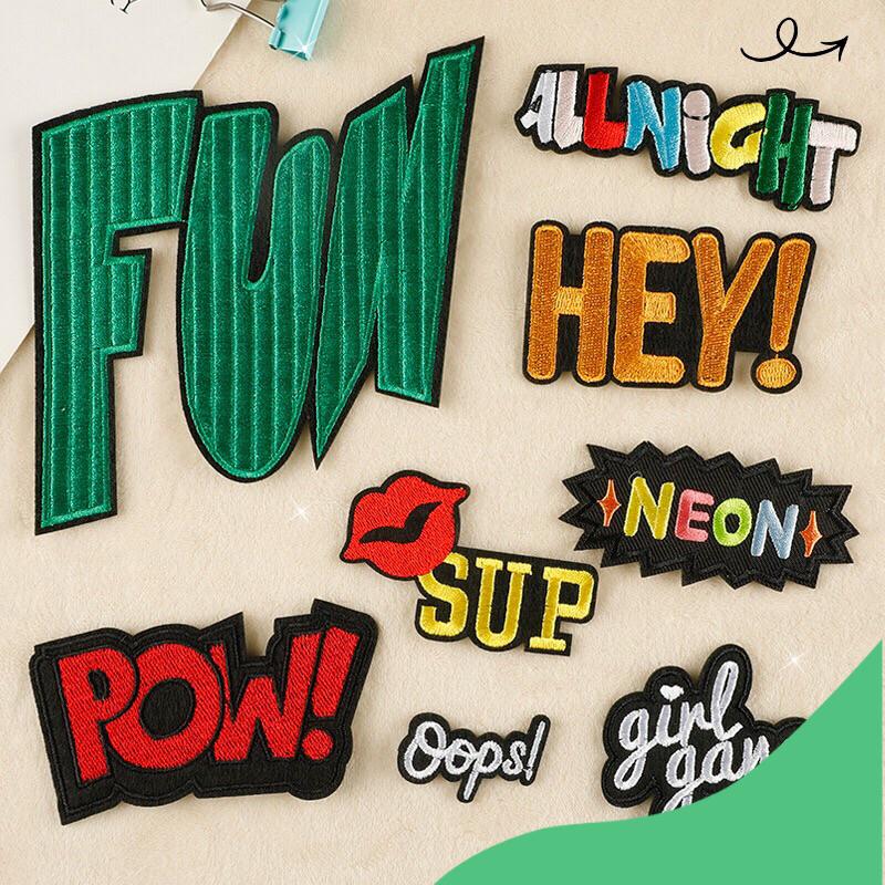  Miếng ủi nhiệt,may lên quần áo miếng vá quần áo rách trang trí túi balo miếng vá màu đen ...  Bảng chữ FUN  