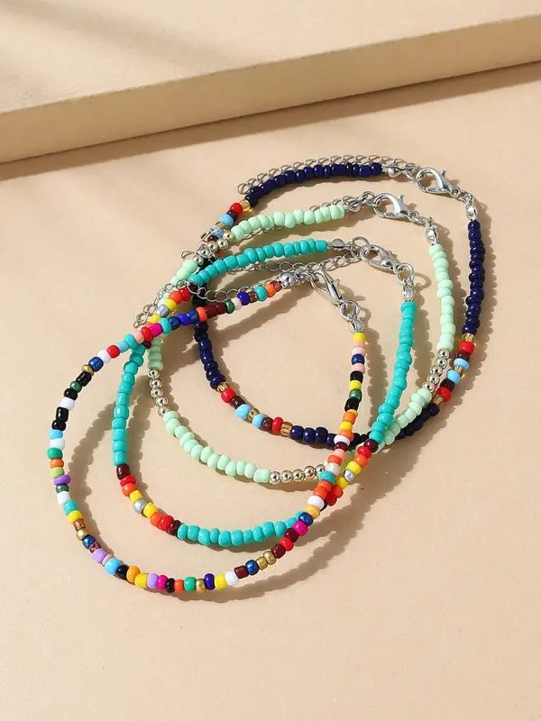 4pcs Boho Style Colorblock Beaded Anklet, Fashionable Foot Jewelry For Women, Daily Clothing Decor For Girl 8