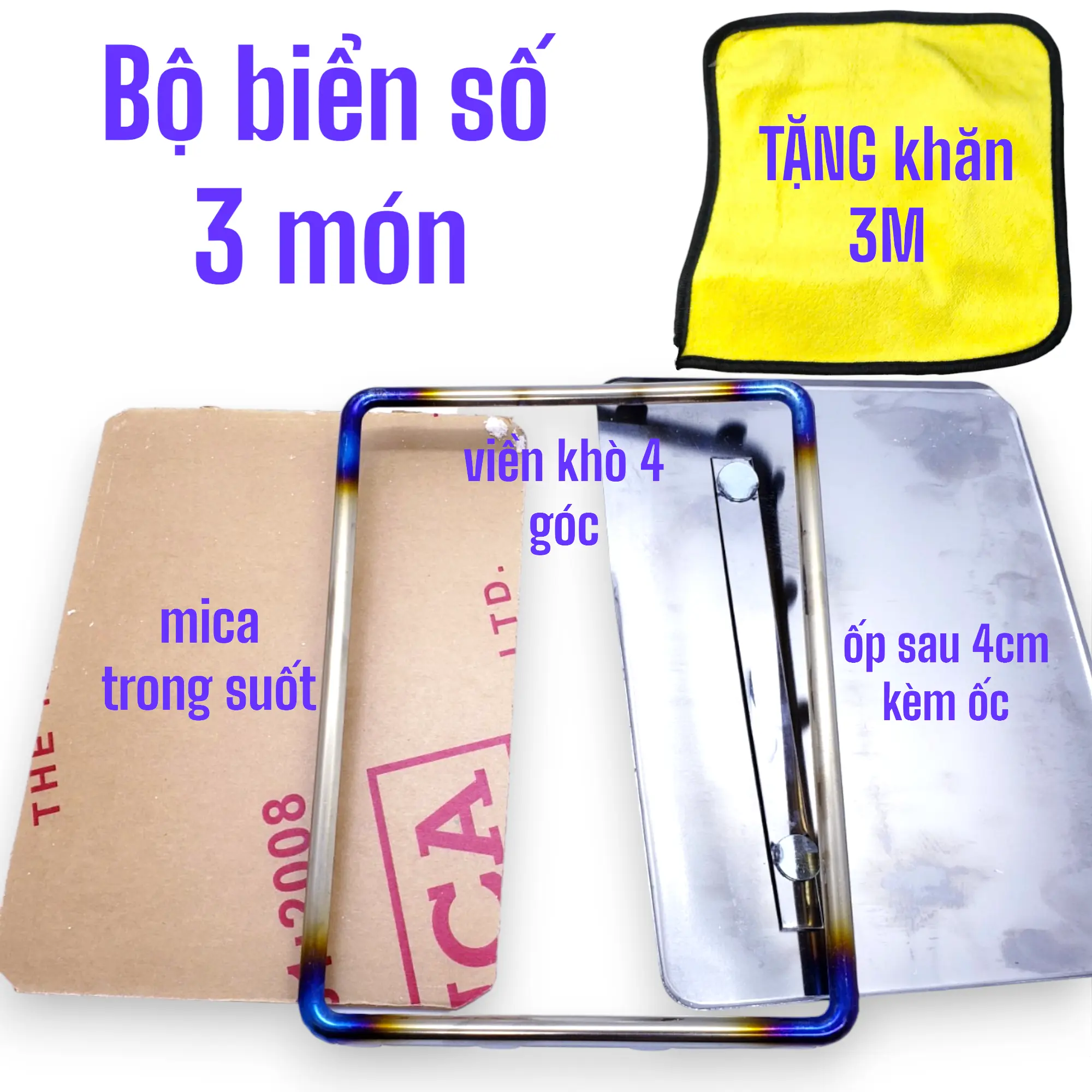 Khung bọc biển số xi titan khò 4 góc TẶNG khăn 3M, bộ 3 món mica+ốp+viền