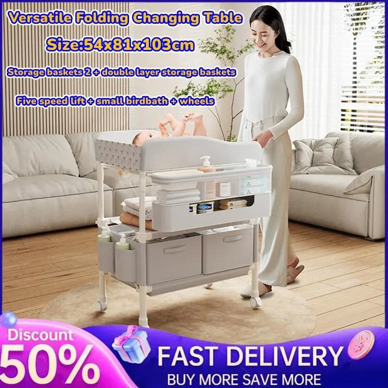 【SG Local Seller】Baby Changing Table, Versatile Folding Changing Table, Waterproof Diaper Changing Station, Adjustable Height with 2 Drawers,Baby Changing Station, Mobile Nursery for Infant and Newborn（Grey-54x81x103cm）