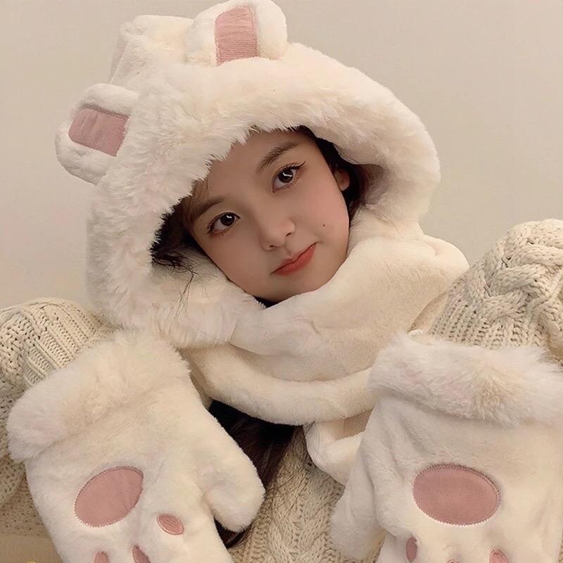 Mũ lông tai gấu thỏ kèm khăn quàng cổ 3 trong 1 ấm áp