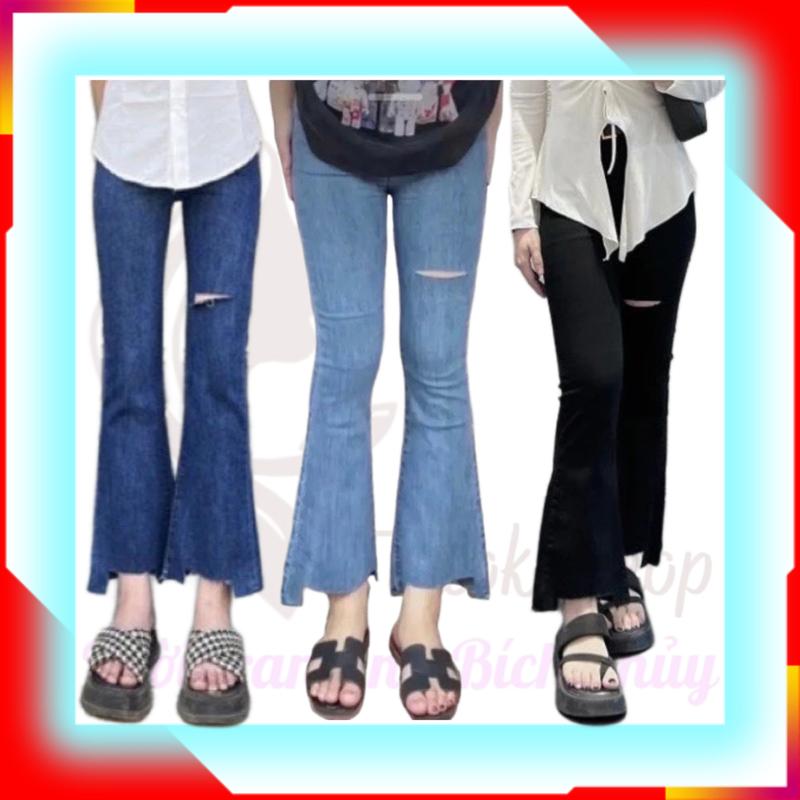  Quần ống loe nữ rách quần jean nữ ống loe lưng cao gấu kiểu rách đùi mẫu Hottrend Denim Pants Women 