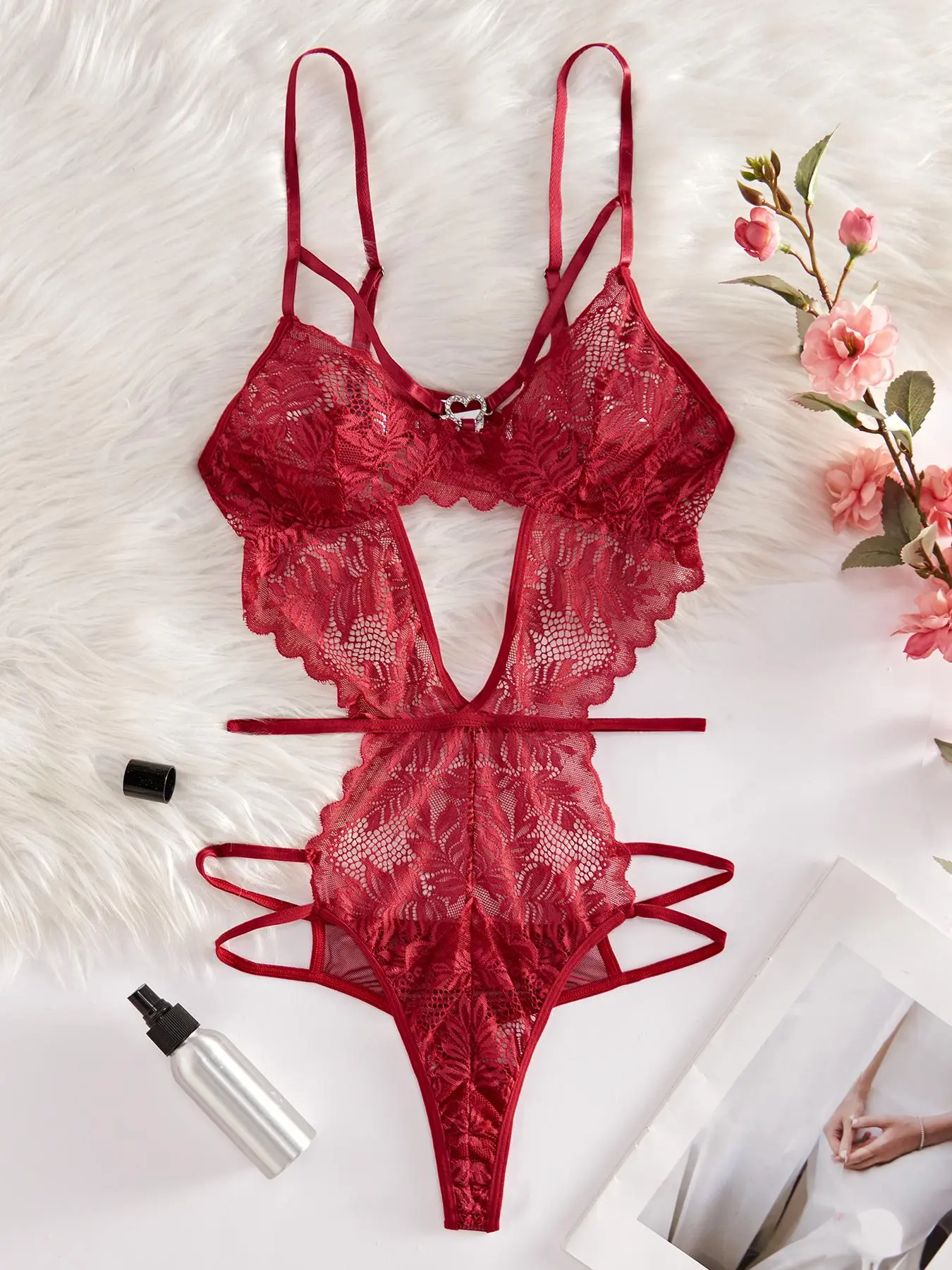 Women's Solid Color Floral Lace Backless Sexy Lingerie Bodysuit, Sexy Comfy Breathable Cut Out Adjustable Strap Cami Bodysuit for Daily Wear, Women's Lingerie for All Seasons