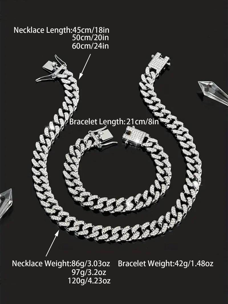 Product Introduction of Rhinestone Decorated Chain Necklace Bracelet, 1 Count Street Trendy Cuban Link Chain Necklace, Fashion Jewelry Accessories for Men & Women As Gift Vintage Jewelry, Unique Gifts for Women 1