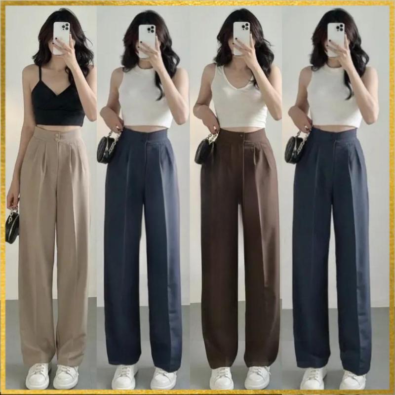 QUẦN ỐNG SUÔNG 5 MÀU LƯNG CAO 2 CÚC-VẢI TUYẾT MƯA-QUẦN ỐNG RỘNG NỮ DÁNG DÀI Women Ong Pants Đen 0