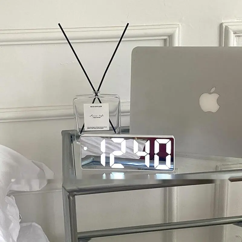 Japanese simple black and white mirror LED sound control alarm dormitory desktop large screen digital temperature calendar clock luminous bedside electronic watch