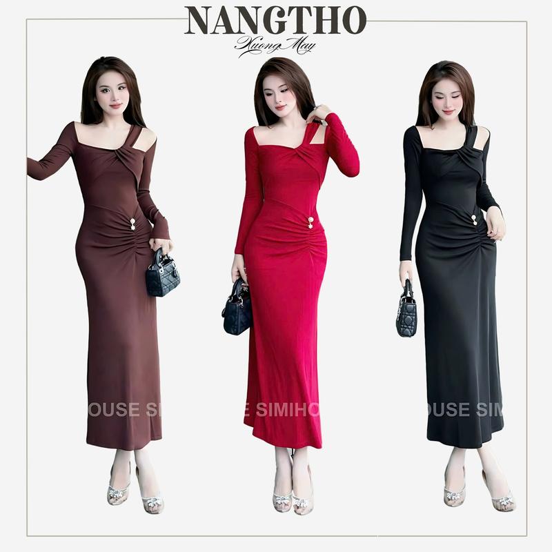 T194 Đầm Body Dự Tiệc Slay Chất Thun Gân Co Giãn Nhung Kem