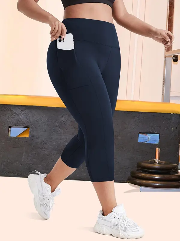 【Plus Size】Pocket Capris Sports Leggings, Sporty High Stretch High Waist Yoga Leggings, Gym Clothes, Ladies Sportswear for Indoor Outdoor Wear 6