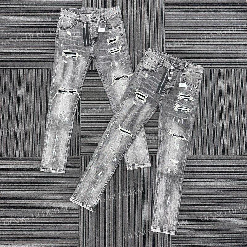 Quần jean đen xám khói rách tua lót vá đen khoá lệch q630 Menswear Nam Pants Có Túi