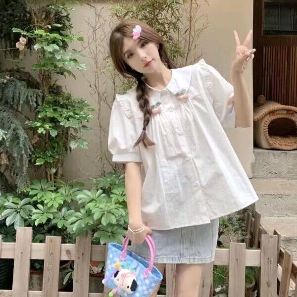 Áo sơ mi polo tiểu thư tay phồng form vừa cổ bèo cộc tay hàng quảng châu chất liệu thoải mái Nữ Women Top Shirt Có Cổ