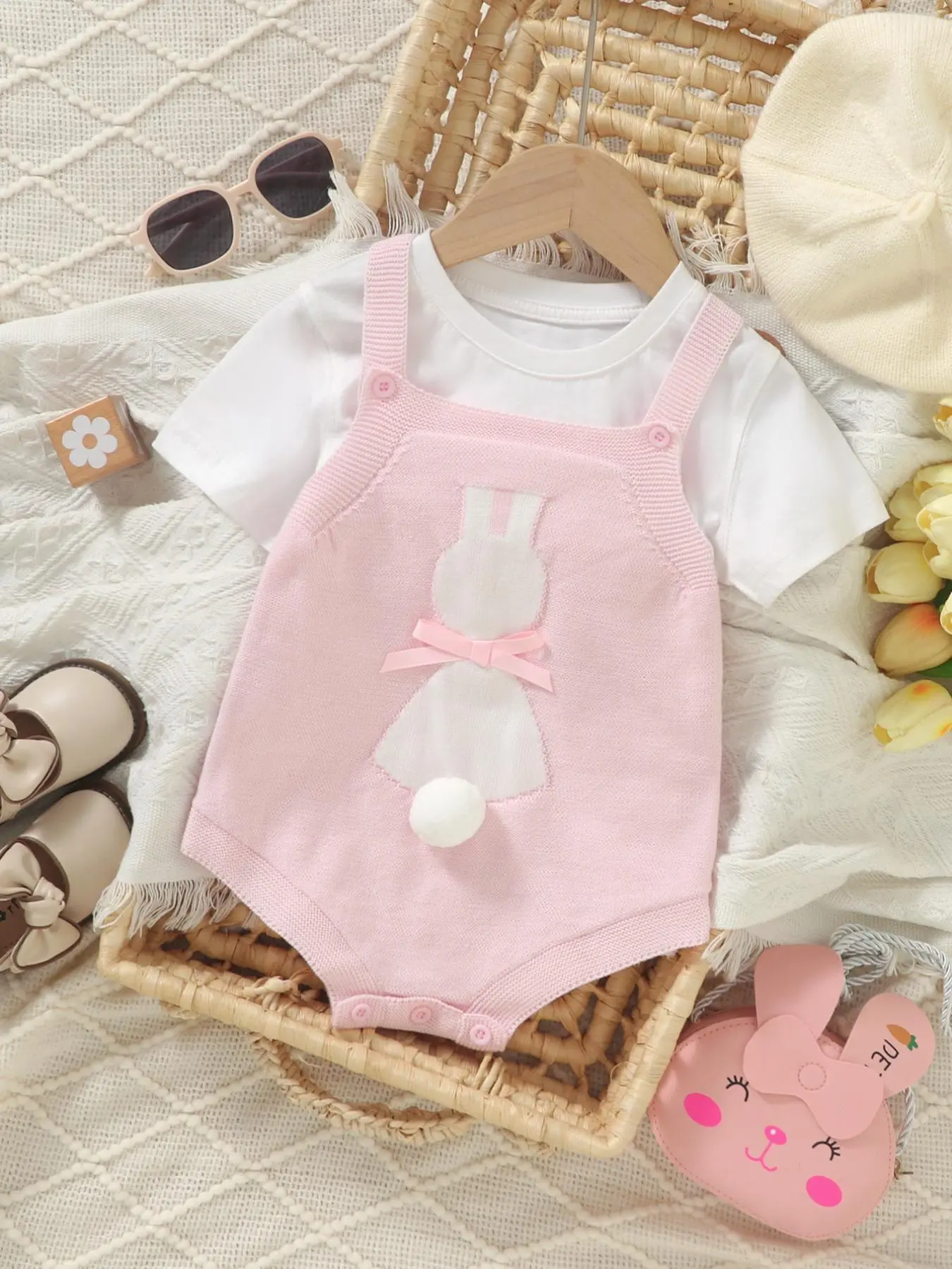 Baby Girl's Cartoon Rabbit Print Pom Pom & Bow Decor Sweater Onesie, Cute Buttons One-piece Jumper Bodysuit, Newborn Kids Clothes for All Seasons