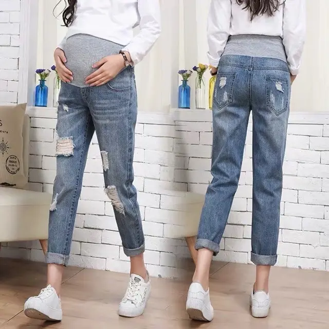 Quần bầu jean rách dáng dài( hàng sẵn giao ngay) Váy Bầu Đầm Bầu Kem 1