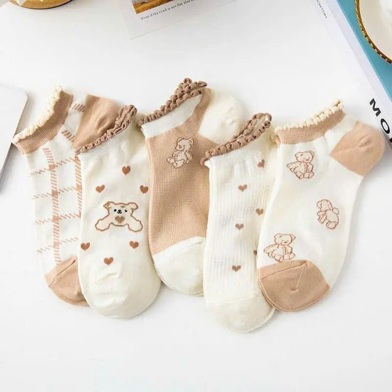 Combo 10 đôi tất nữ cotton cổ bèo in hình gấu xinh xắn