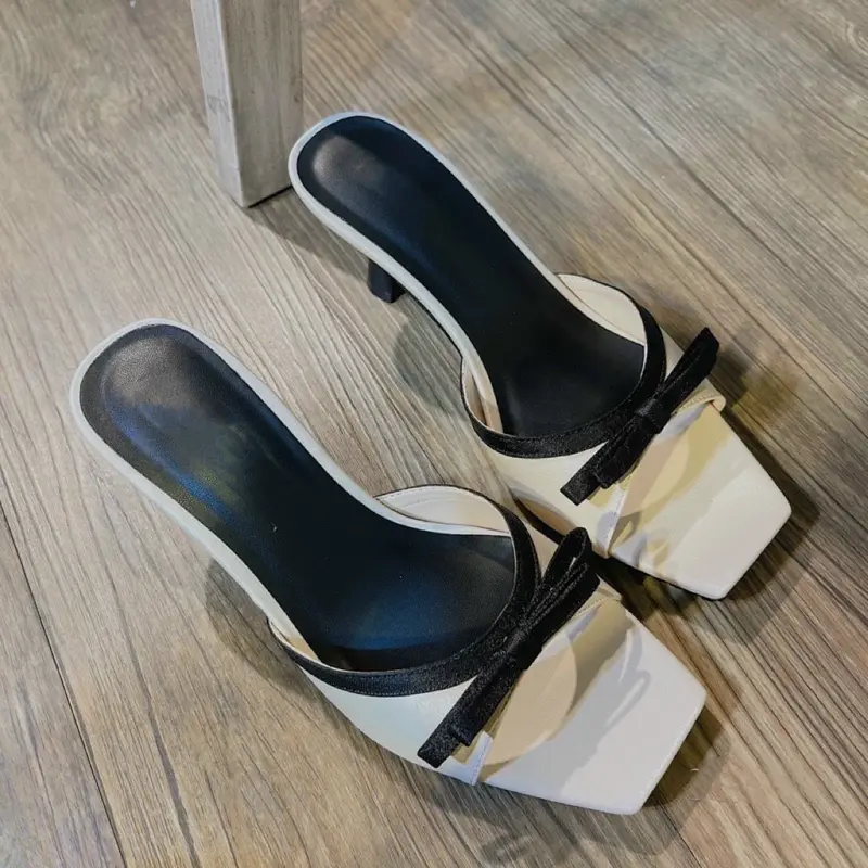Dép cap gót nơ gót mảnh 6cm và 7.5cm phối màu đơn giản nhẹ nhàng, thanh lịch - Xưởng Giày Bánh Bèo mã DepNo2T Nữ DéP Shoes 6