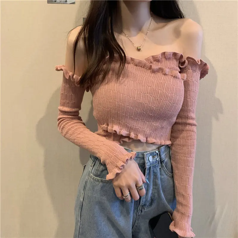 Áo Ngắn Trễ Vai, Phong Cách Cô Gái Nóng Bỏng Ngọt Ngào Quần Áo Nữ, Thiết Kế Đẹp Mỏng Vừa Vặn, Áo Len Dài Tay, Thích Hợp Cho Mùa Xuân Và Mùa Thu, Hàng Mới Về Năm 2024 Top Women Năm nay phổ biến Sexy Hottie Slim Top
