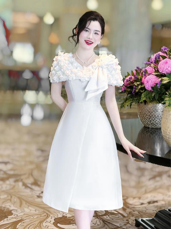 MIỄN SHIP MDU4456 Váy Tafta Dệt Hoa Nổi Cao Cấp - Gam Màu Trắng Basic Phối Chi Tiết Vai Phủ Dệt Hoa Nổi Độc Đáo Dành Cho Nữ Women Dress đầm trắng