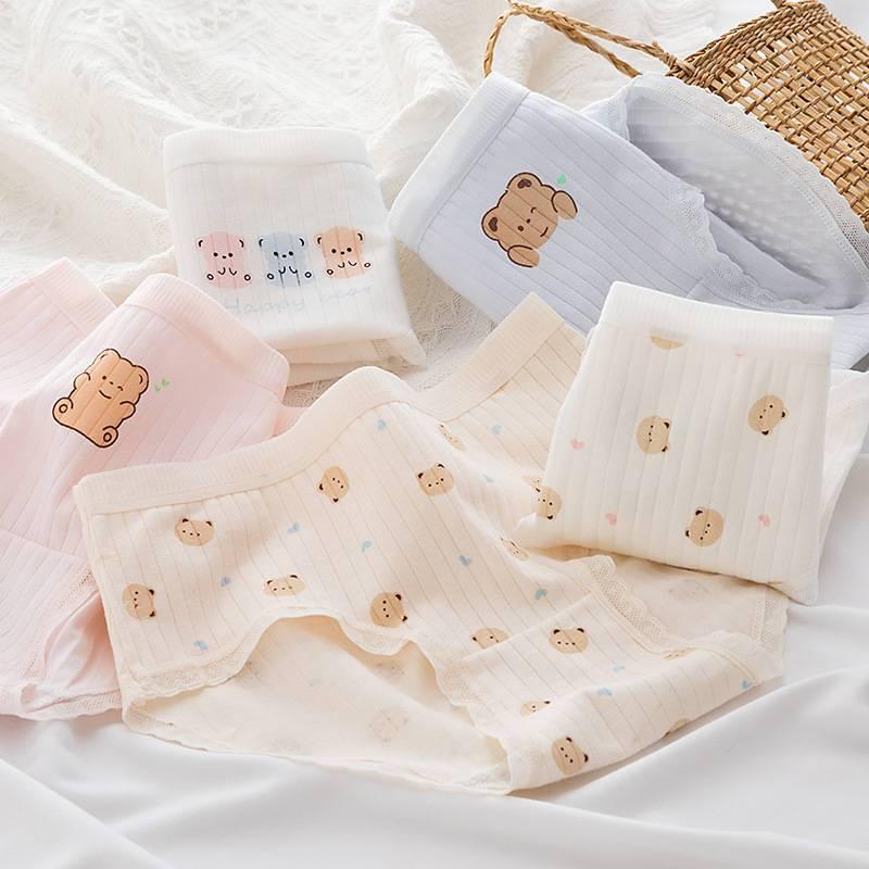 5-Pack 100% Cotton Mid-Waist Underwear for Women, Pure Cotton Antibacterial Student Japanese Style Cute Girls' Crotch Triangle Briefs 6