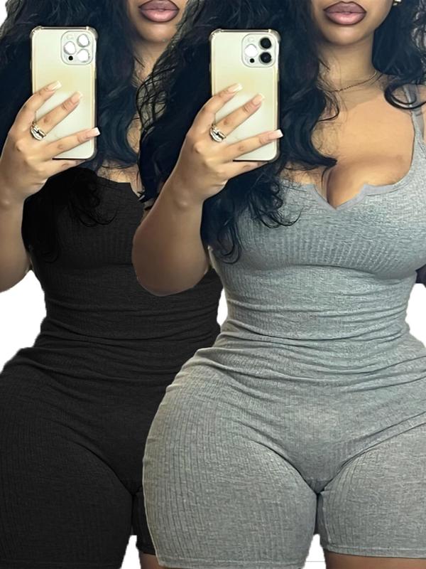 Women's Solid Color Notched Neck Cami Ribbed Romper, Casual Basic Spaghetti Strap Sleeveless Skinny Romper for Summer, Ladies Clothes for Daily Wear 6