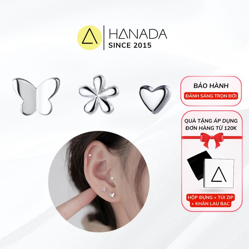 Bông Tai Bạc 925 Hanada Bông Nụ Hoa Tim Bướm Nhí Không Đá Đơn Giản Set Bông Tai Mini Đeo Vành Tai Hàng Ngày 1030 C09