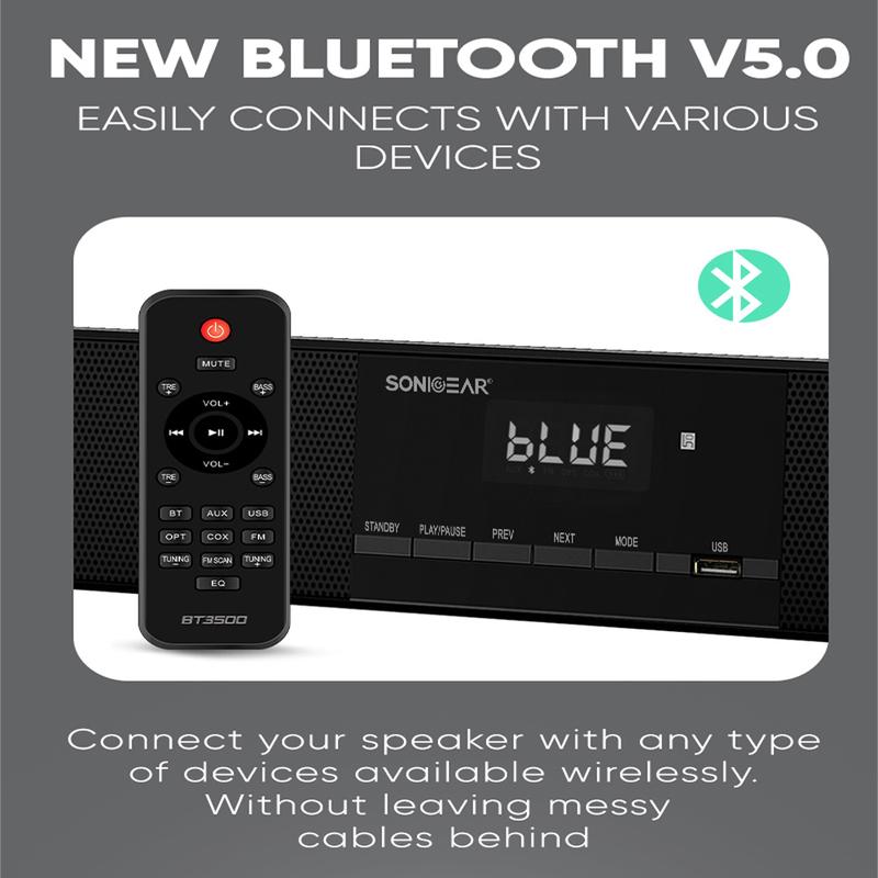 [COD]SonicGear SonicBar BT3500 Soundbar and Subwoofer | Bluetooth 5.0 | FM Radio | USB Playback Speaker Wireless Audio Power Sound Bar Tv 2