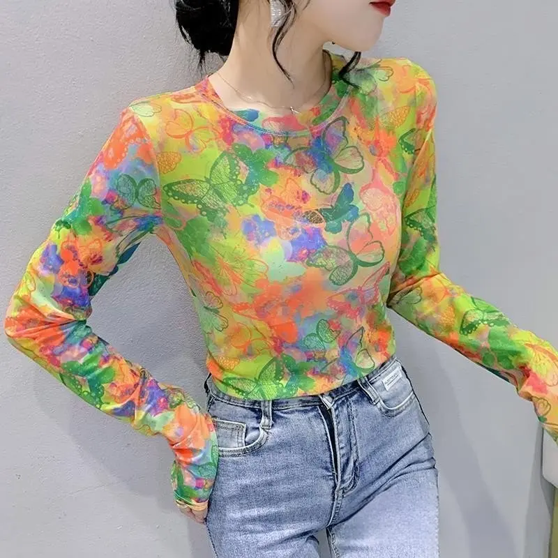 Áo Dài Tay Co Giãn, Dành Cho Nữ, In Màu Mỏng, Hàng Mới Về, Bán Chạy, Kjhu Women Top Sơ Mi