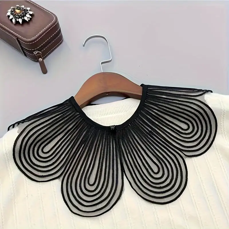 Multifunctional Removable Wave Embroidery Collar Scarf - Black & White Polyester Woven Collar For Dresses And Shirts, Women's Fashion Accessories 3