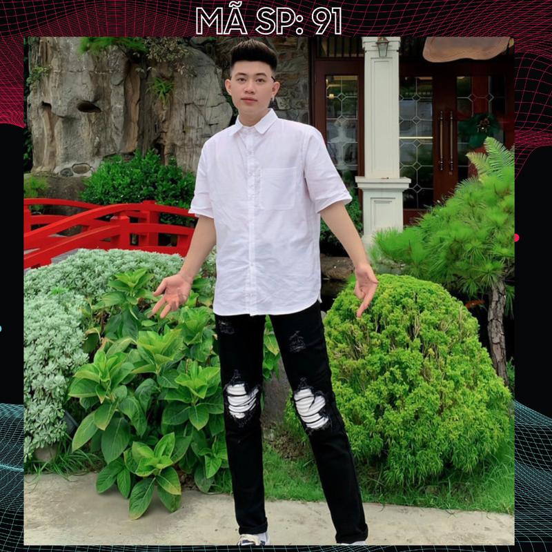 Quần jean dài nam màu đen kiểu rách to có miếng lót vá trắng chất bò co dãn HA91 form skinny Menswear Pants