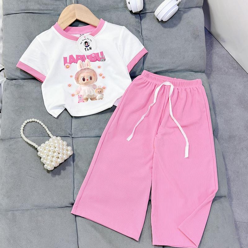 8-40kg Đồ bộ bé gái Sam kids Labubu quần ống rộng thun gân lụa áo thun cotton cho bé mát mẻ mùa hè , quần áo bé gái dễ thương, quần áo trẻ em hót