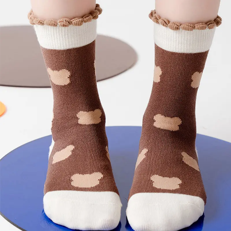Tất Cotton Ấm Áp Cho Bé, 5 Đôi / lô, Gấu Hoạt Hình, Mùa Thu Đông, Cho Trẻ Mới Biết Đi, Bé Trai Và Bé Gái, Nơ In Hình Dễ Thương, Tất Ống Giữa Cho Trẻ Em 2