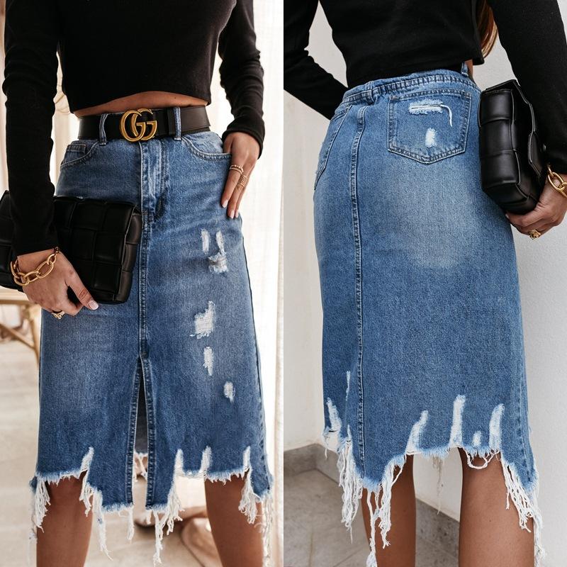 Denim midi skirt ripped hotsell