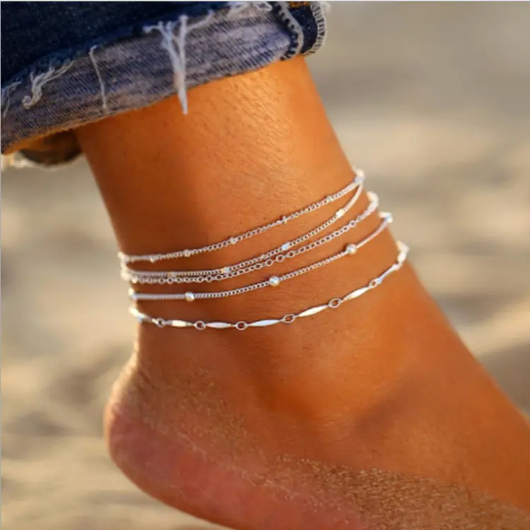 European and American Popular Foot Ornaments 5 One Suit Combination Anklet Multiple Cross-Border Handmade Copper Chain Anklet